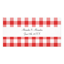 Red gingham pattern wedding favours photo card