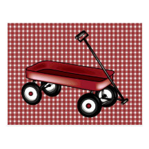 Red gingham with wagon post card