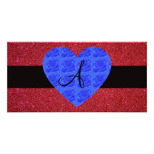 Red glitter monogram blue roses photo greeting card