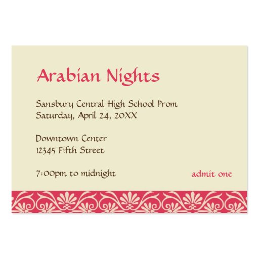 Red gold arabian prom bid custom admission ticket business cards