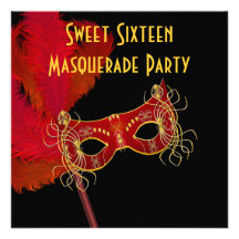 Red Gold Feather Mask Sweet 16 Masquerade Party Personalized Announcements