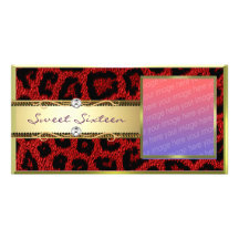 Red Gold Leopard Sweet Sixteen Photocard Photo Greeting Card