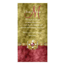 Red gold olive damask wedding photo card