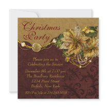 Red Gold Poinsettia Christmas Party Custom Announcements