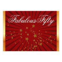 Red Gold Stars Womans 50th Birthday Party Custom Announcements
