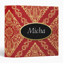 Red & Gold Vintage Floral Wallpaper Monogram 3 Ring Binders