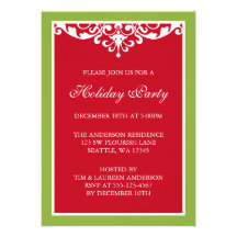 Red Green Flourish Scroll Christmas Holiday Party Personalized Invites