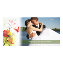 Red green flowers + butterfly wedding thank you photo greeting card