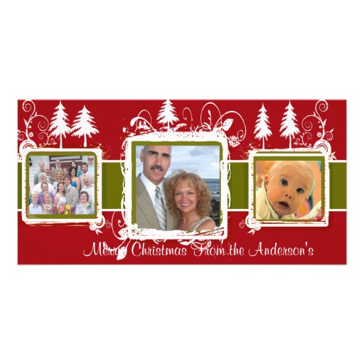 Red Green Grunge Pine Swirls Holiday Family Photo Photo Greeting Card