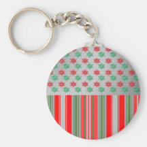 Red green snowflakes on silver stripes key chains