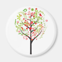 Red green tree and cute birds magnet