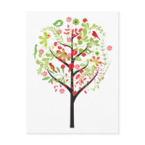 Red green tree and cute birds postcard