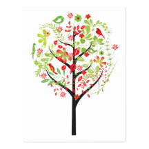 Red green tree and cute birds postcard