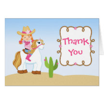 Red Hair Cowgirl Horse Birthday Party Thank You Greeting Card