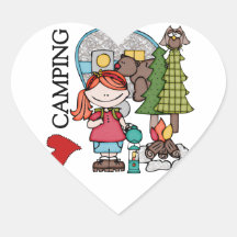 Red Hair Girl I Love Camping Heart Stickers