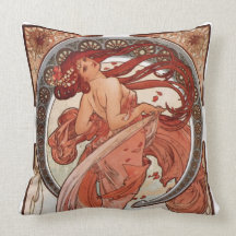 Red Haired Dancing Girl - Mucha Throw Pillows
