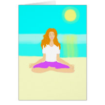 Red haired girl, yoga, om pose, beach, ocean, sun greeting card