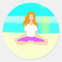 Red haired girl, yoga, om pose, beach, ocean, sun stickers