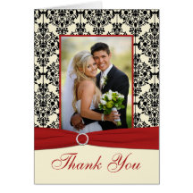 Red, Ivory, and Black Damask Photo Thank You Card