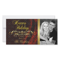 Red Lace Silk & Gold Scroll Holiday Photo Card