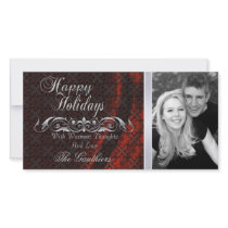 Red Lace Silk & Silver Scroll Holiday Photo Card