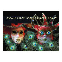 RED LADY AND JESTER MASK WITH  PEACOCK FEATHERS INVITATION
