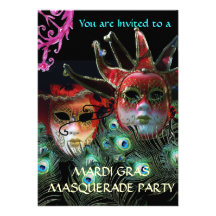 RED LADY AND JESTER MASK WITH  PEACOCK FEATHERS CUSTOM INVITES