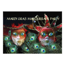 RED LADY AND JESTER MASK WITH  PEACOCK FEATHERS CUSTOM INVITATION