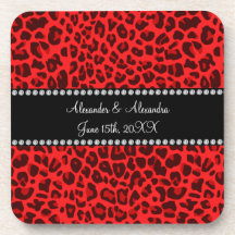 Red leopard pattern wedding favors beverage coaster