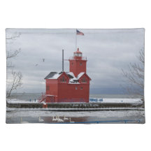 Red Lighthouse in Winter Place Mat