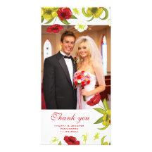 Red + Lime Green poppy flowers wedding thank you Photo Card