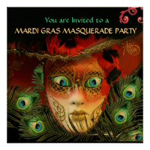 RED MASK  PEACOCK FEATHERS GOLD MASQUERADE PARTY INVITES