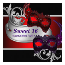 Red Masks Sweet 16 Masquerade Party Invite