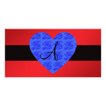 Red monogram blue roses custom photo card