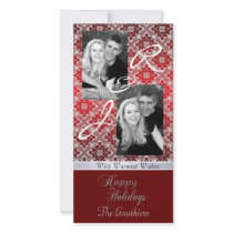 Red Monogram Lace Holiday Ribbon Photo Card