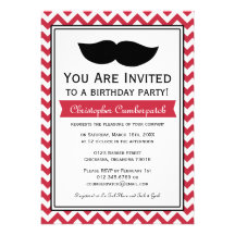 Red Moustache Chevron Birthday Party Custom Invites