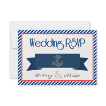 Red Navy Blue & White Nautical Wedding RSVP Cards Personalized Announcement