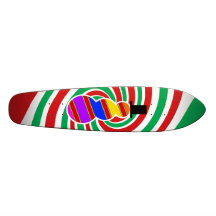 Red orange blue violet snowman on red green skateboard