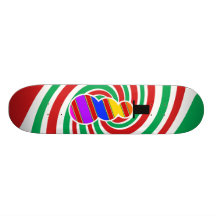 Red orange blue violet snowman on red green skate decks