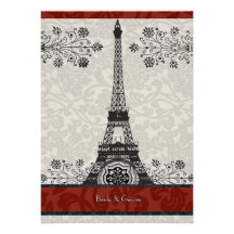 Red Paris Damask Eiffel Tower Wedding Invite
