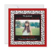 Red Photo Damask Floral Graduation Invitation