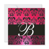 RED PINK BLACK DAMASK MONOGRAM fuchsia white Personalized Announcement