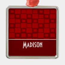 Red Retro Squares; Square Pattern Christmas Ornament