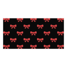 Red Ribbon Bow Pattern on Black. Personalized Photo Card
