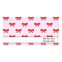 Red Ribbon Bow Pattern on Pink. Custom Text Photo Cards