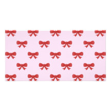 Red Ribbon Bow Pattern on Pink. Customized Photo Card