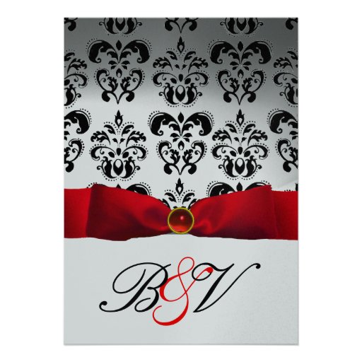 RED RIBBON SILVER BLACK  DAMASK MONOGRAM CUSTOM INVITE