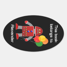 Red Robot and Balloons Book Label Name Plate Oval Sticker