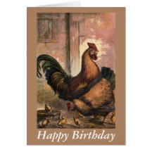 Red Rooster, Hen and Chicks Birthday Card