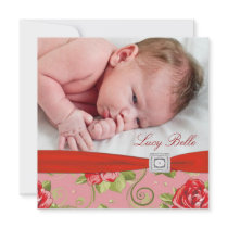Red Rose Chintz Pink Rose Baby Girl Photo Birth Invitations